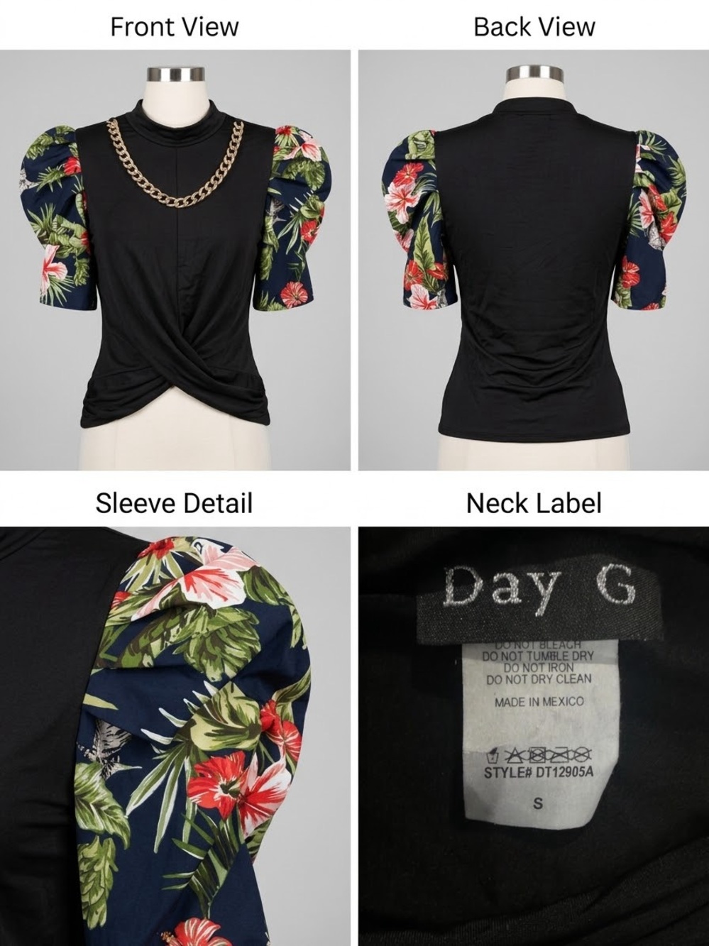 Day G Black Top with Navy Tropical Puff Sleeves